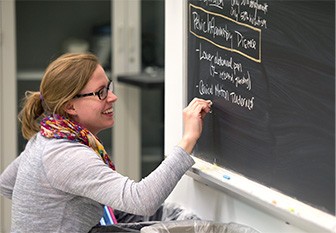 Person writing on a chalkboard